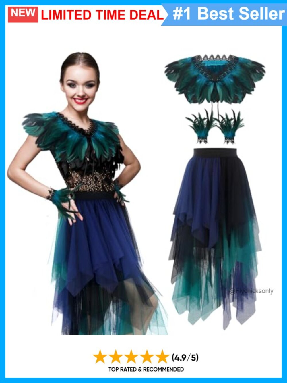 Peacock Feather Shawl Wrist Bracelet & Mesh Skirt Halloween Costume Set